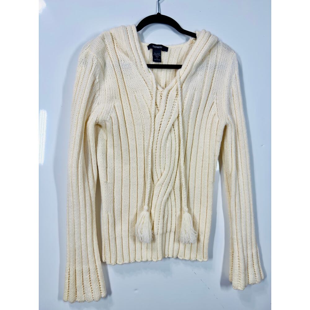 Express Knit Sweater Hooded Long Sleeve Slim Fit Cream Y2K Preppy Casual Women L